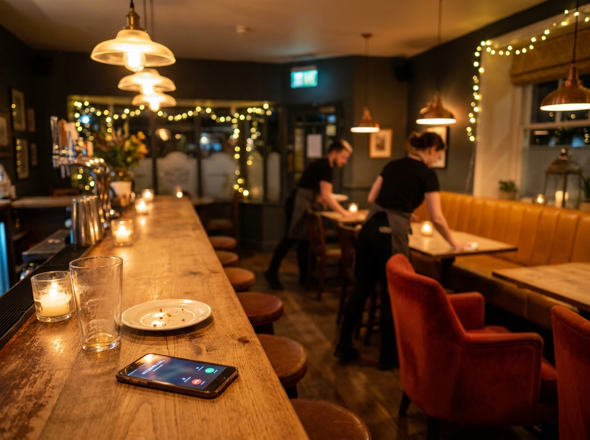 A cosy restaurant lit warmly at night after closing, chairs up on tables and a phone glowing at the bar.