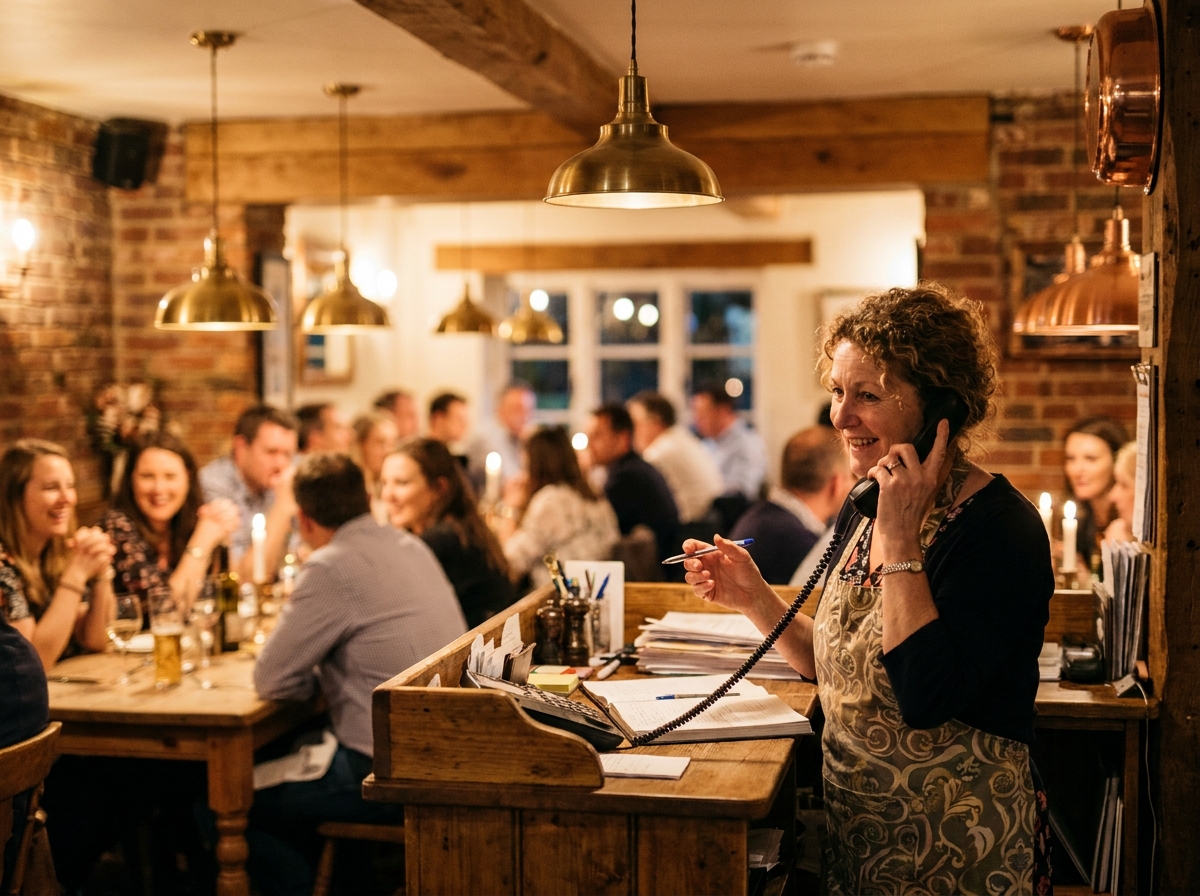 A warm restaurant host smiling on the phone at a booking desk during a busy evening service.