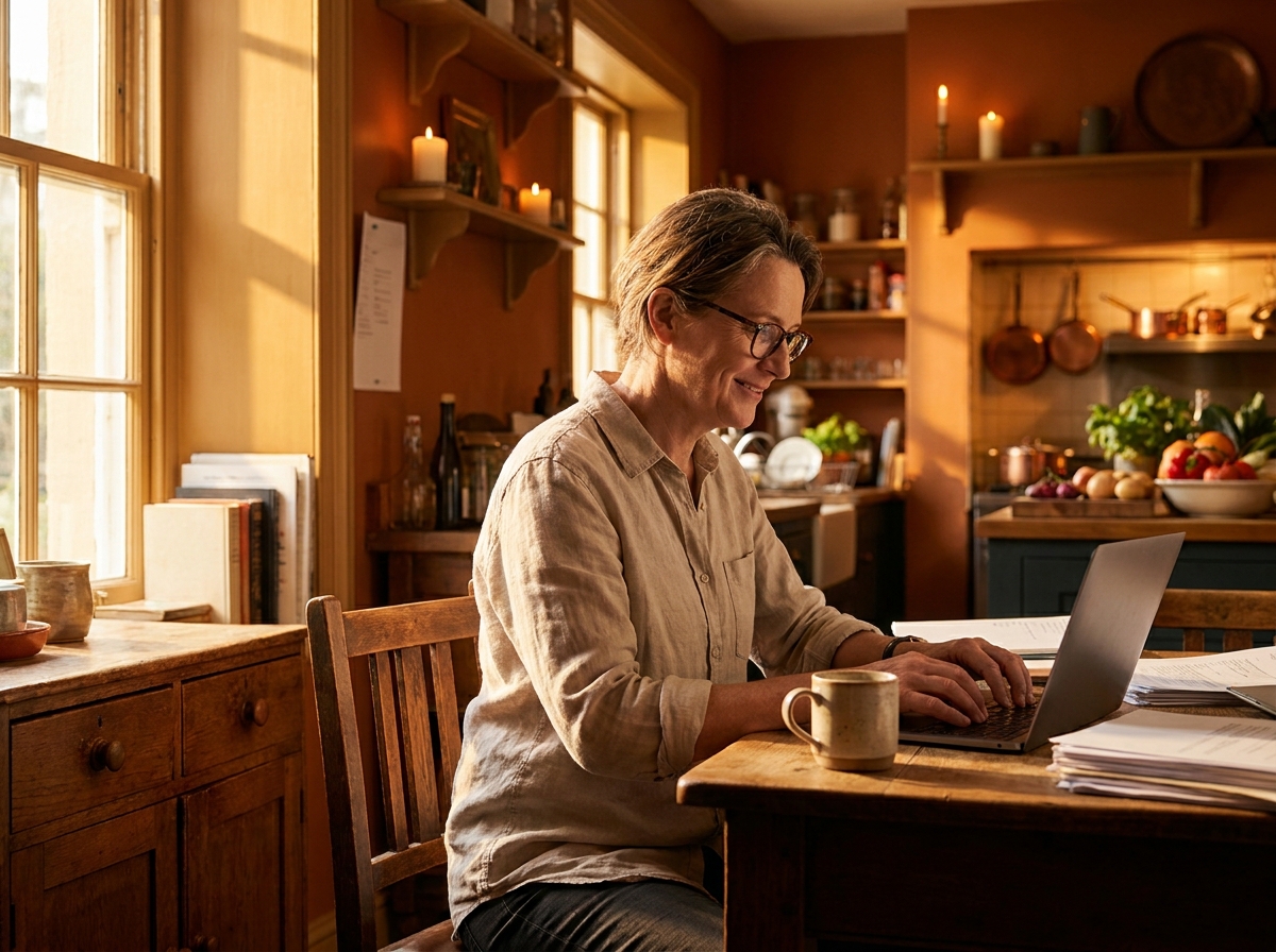 A restaurant manager reviewing booking emails on a laptop at a quiet corner table before opening.