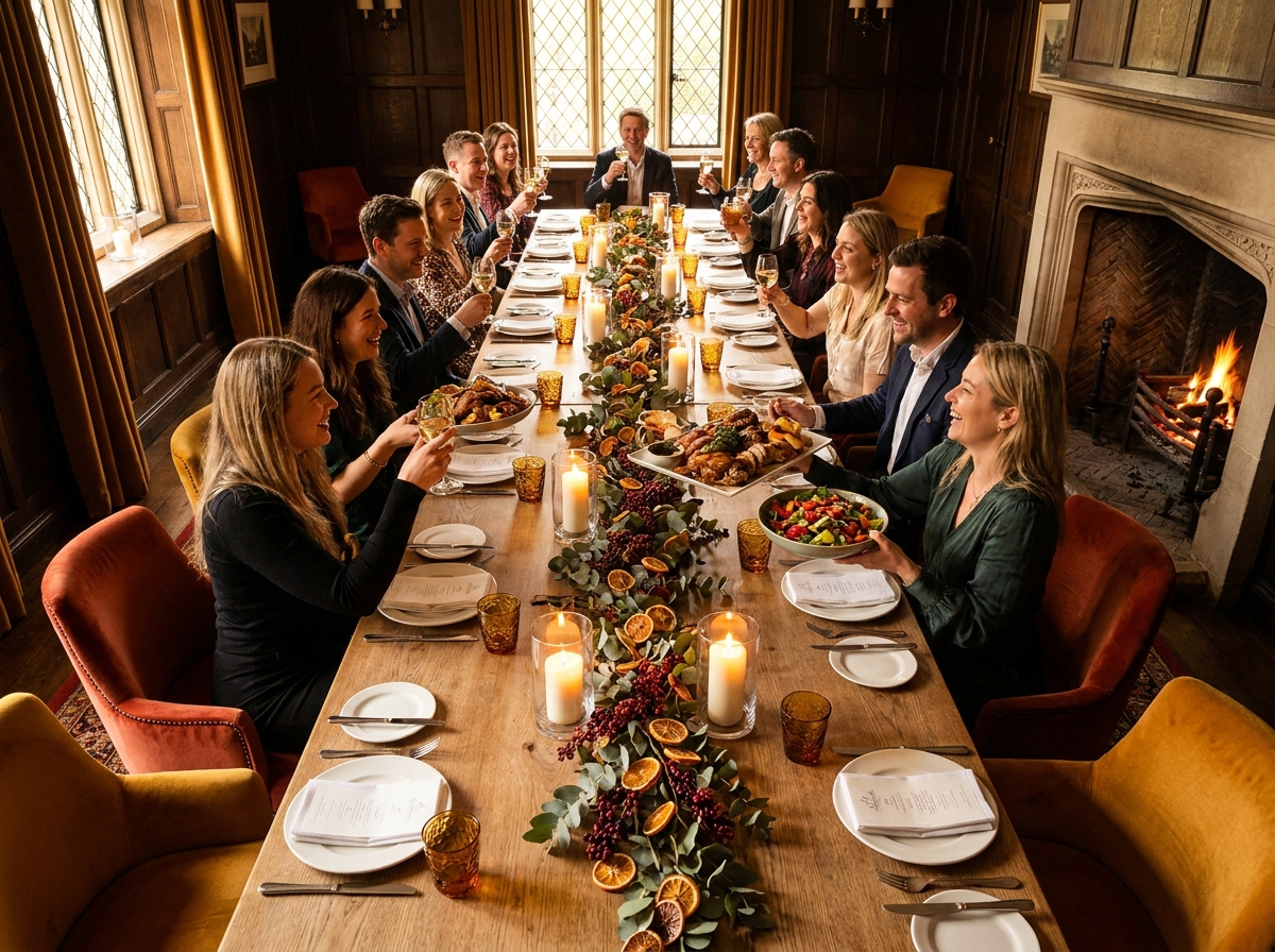 A long private dining table dressed for a large celebration in a warmly lit restaurant room.