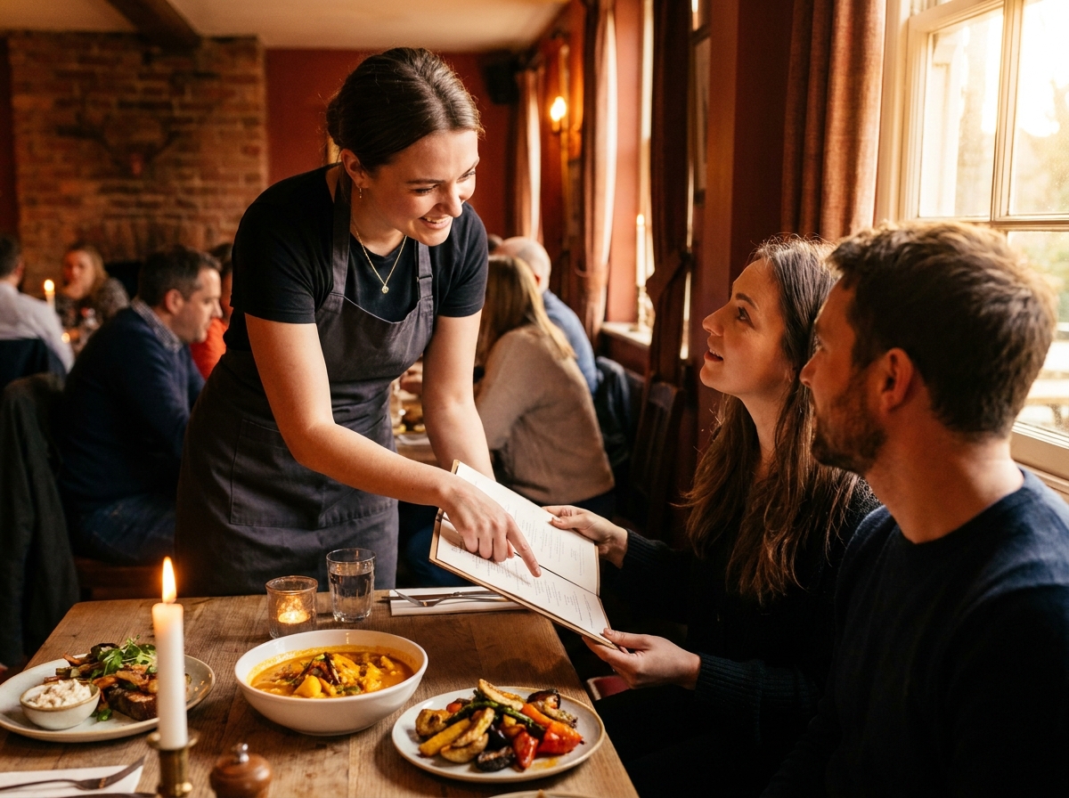 A chef checking an allergen matrix on a clipboard beside fresh dishes on a warm kitchen pass.