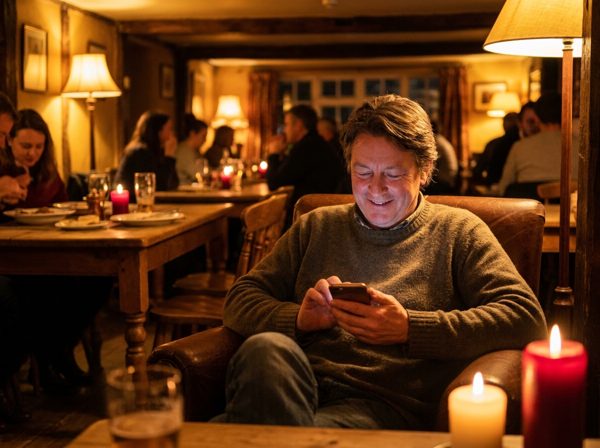 A guest messaging a restaurant on a phone in the evening, warm food photos visible on the screen.